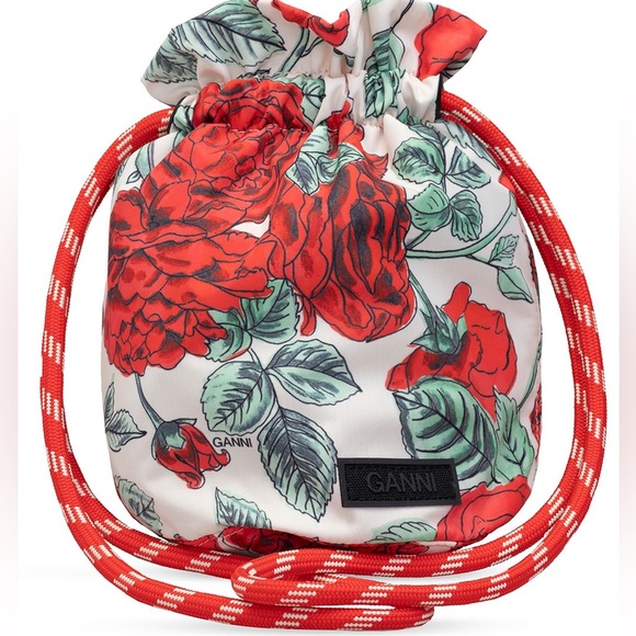 GANNI Recycled Tec Seasonal Drawstring Clinch Bucket Bag Rose Brazil Print - Picture 3 of 11